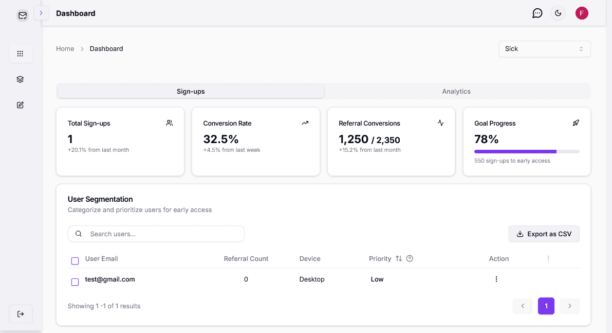 HypeItUp Sign Up Dashboard